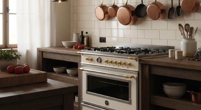 Fogão Bertazzoni Heritage Marfim 90cm com 6 Bocas e Forno Elétrico | Center Garbin